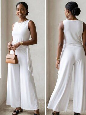 Cache Side-Tie Flowy Wide-Leg White Resort Bridal Dress Pants SZ S